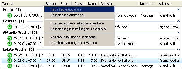 Zeiten gruppiert nach Tag