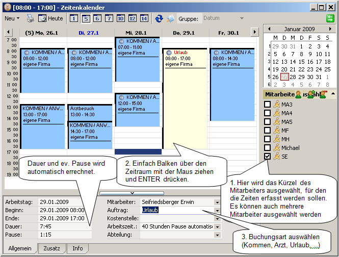 Manuelle Zeiterfassung über den Zeitenkalender im TimeInfo Hauptprogramm